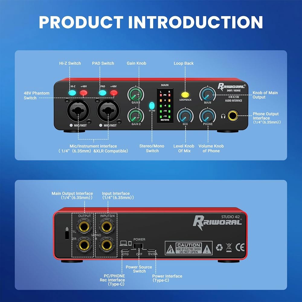 USB 오디오 인터페이스, 48V 팬텀 파워 24비트 /192kHz, 듀얼 TS /XLR 입력 플러그 앤 플레이로 녹음, 팟캐스트, 스트리밍, 기타, 보컬리스트를 위한 4-In - 상세 이미지 2