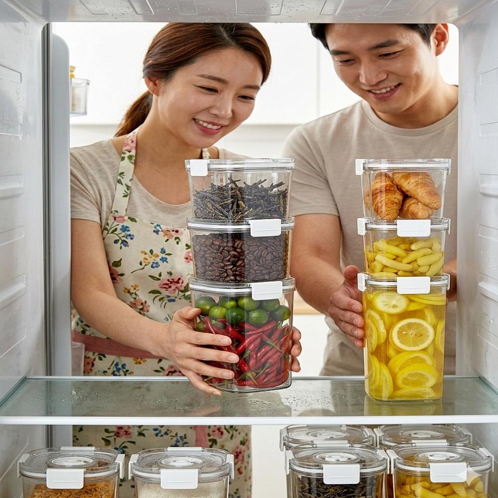 냉장고 소분 진공밀폐용기 투명 반찬통 야채보관통 용기 펌프형 - 상품 이미지