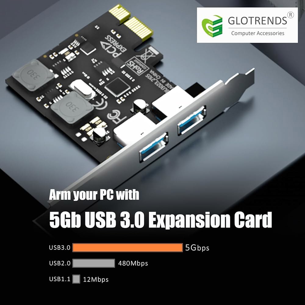 GLOTREND U3023 2포트 PCIe USB 확장 카드, USB-A 포트 2개(USB 3.2 1세대), Windows Linux와 호환(Mac OS용 제외) - 상세 이미지 2