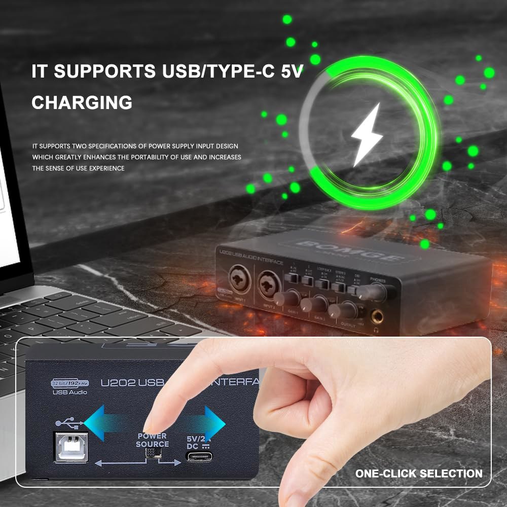 컴퓨터 녹음, 스트리밍, 팟캐스트에서 제공하는 마이크 프리앰프 XLR /TSR 포트를 갖춘 BOMGE U202 USB 오디오 인터페이스, 48V, 32비트 /192kHz 해상도 - 상세 이미지 2
