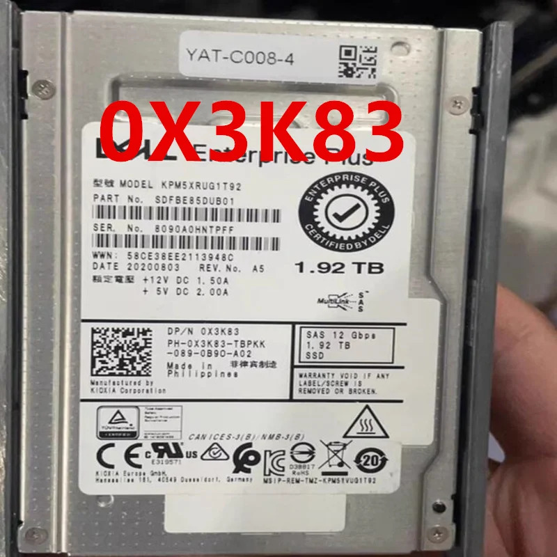 0X3K83 X3K83 KPM5XRUG1T92DELL 1.92TB 2.5 SAS SSD거새 솔리드 스테이트 드라이브