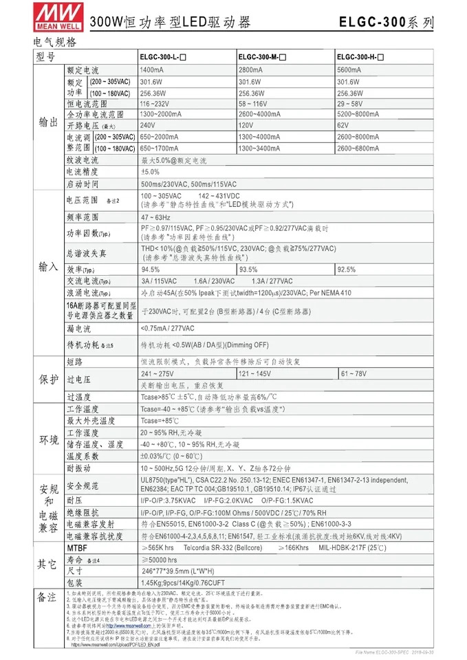 ELGC-300-H-AB 대만 Mingweisheng 전원 방수 공급 장치 조절 가능디밍 300W 5600mA