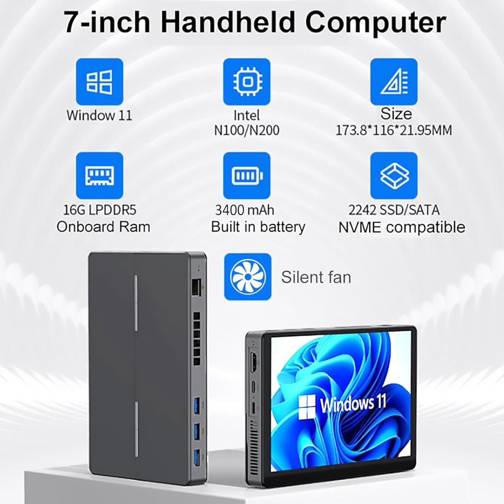 미니 PC 컴퓨터 N200 (업그레이드 N100) Wifi6 스크린, LPDDR5 16GB, Win11 512GB BT5.2 배터리 온보드 스크린 터치 SSD 3400mAh, 7인 - 상세 이미지 3
