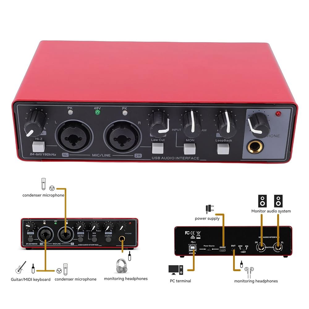 YUEHISY USB 오디오 인터페이스, 게인 노브가 있는 듀얼 TS XLR 입력 마이크 프리앰프, 보컬 레코딩 스트리밍용 PC 기타와 호환(빨간색) Red - 상세 이미지 3