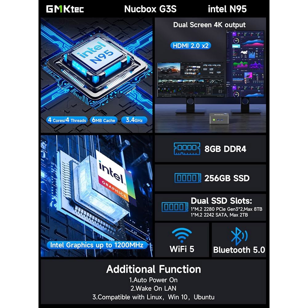 GMKtec 미니 PC 컴퓨터 인텔 N95 DDR4 프로세서 256GB HDMI 3.4GHz) 디스플레이/3x USB3.2/WiFi 4K G3S Nucbox 듀얼 데스크탑 (터보 - 상세 이미지 2