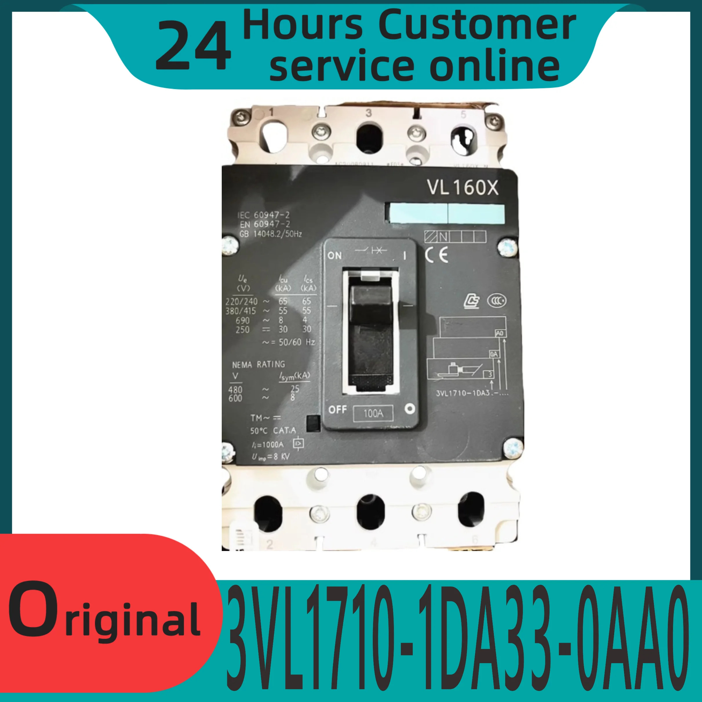 오리지널 몰드 케이스 회로차단기 3VL1710-1DA33-0AA0 3P100A VL160X