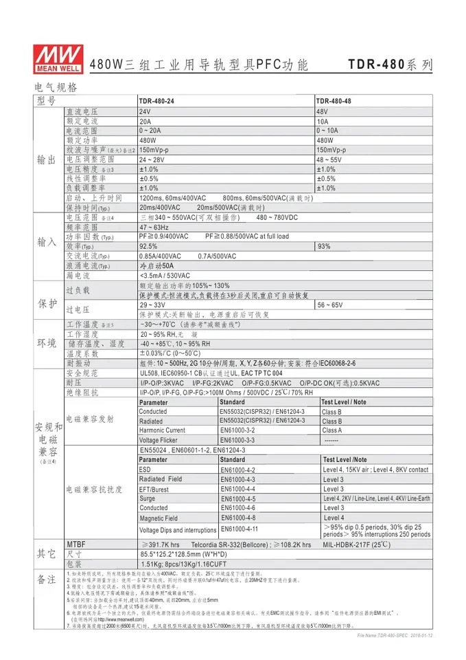 대만 Mingwei 380V 입력 레일 전원공급장치 TDR-480-24 480W 24V 20A 인증 신