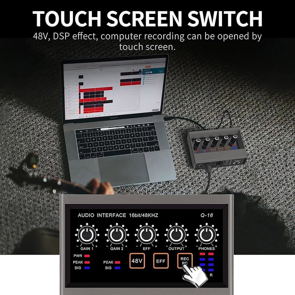 터치 모델이 있는 PC용 USB 오디오 인터페이스, 음악 녹음, 라이브 스트리밍 및 팟캐스트 녹음을 위한 프리앰프 16비트 / 48kHz 팬텀 파워 XLR 48V 인터페이스 포함 - 상세 이미지 2