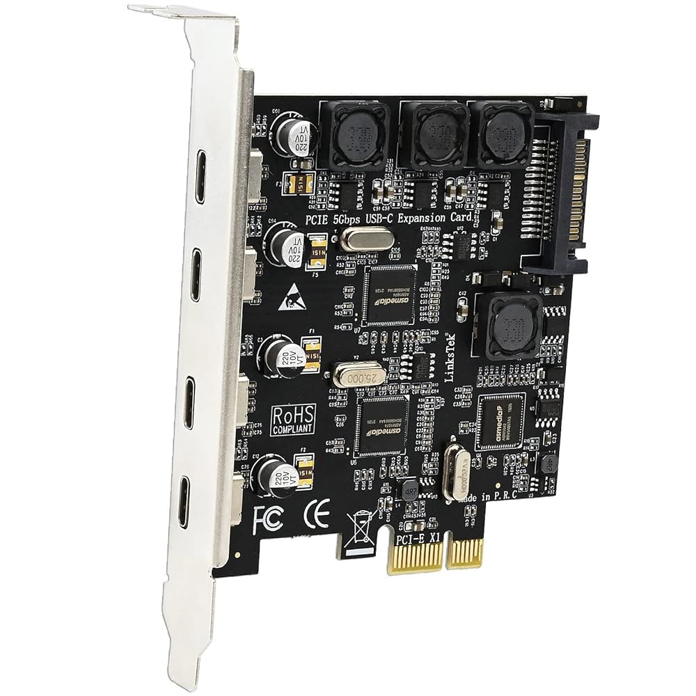 LinksTek 4포트 PCIE USB 3.0 (3.1 GEN1) 데스크톱 PC용 5Gbps 확장 카드, 4배 최대 USB-C 포트, 스마트 전원 분배 기술 내장, 추가 공급 장치 - 상품 이미지