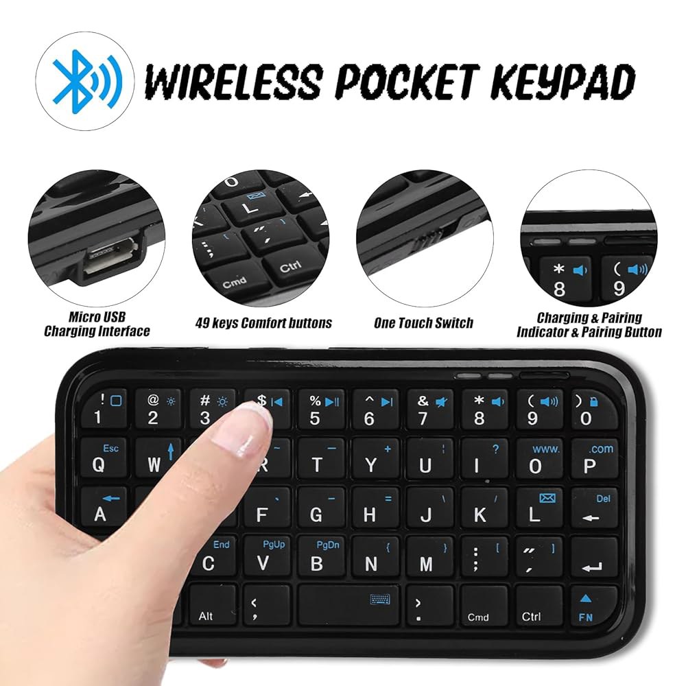 미니 블루투스 키보드, 49키 포켓 키패드, 마이크로 iOS 슬림 4.0 휴대용 폰 여행용 OS/스마트폰/PC/HTPC, 1200mAh, 충전식 태블릿/iOS - 상세 이미지 2