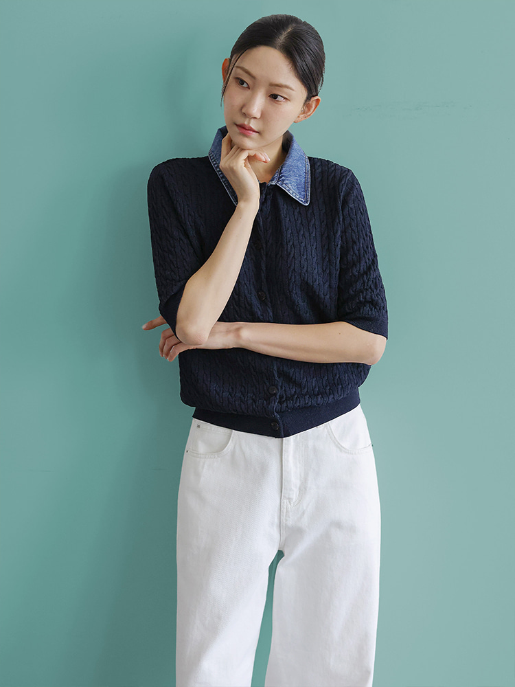 린넨 케이블 데님 니트 탑 - 상품 이미지