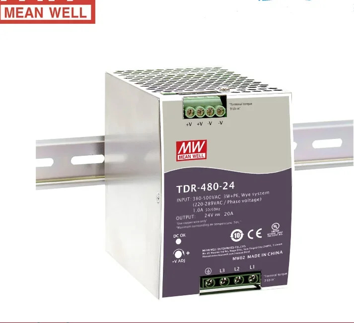 대만 Mingwei 380V 입력 레일 전원공급장치 TDR-480-24 480W 24V 20A 인증 신