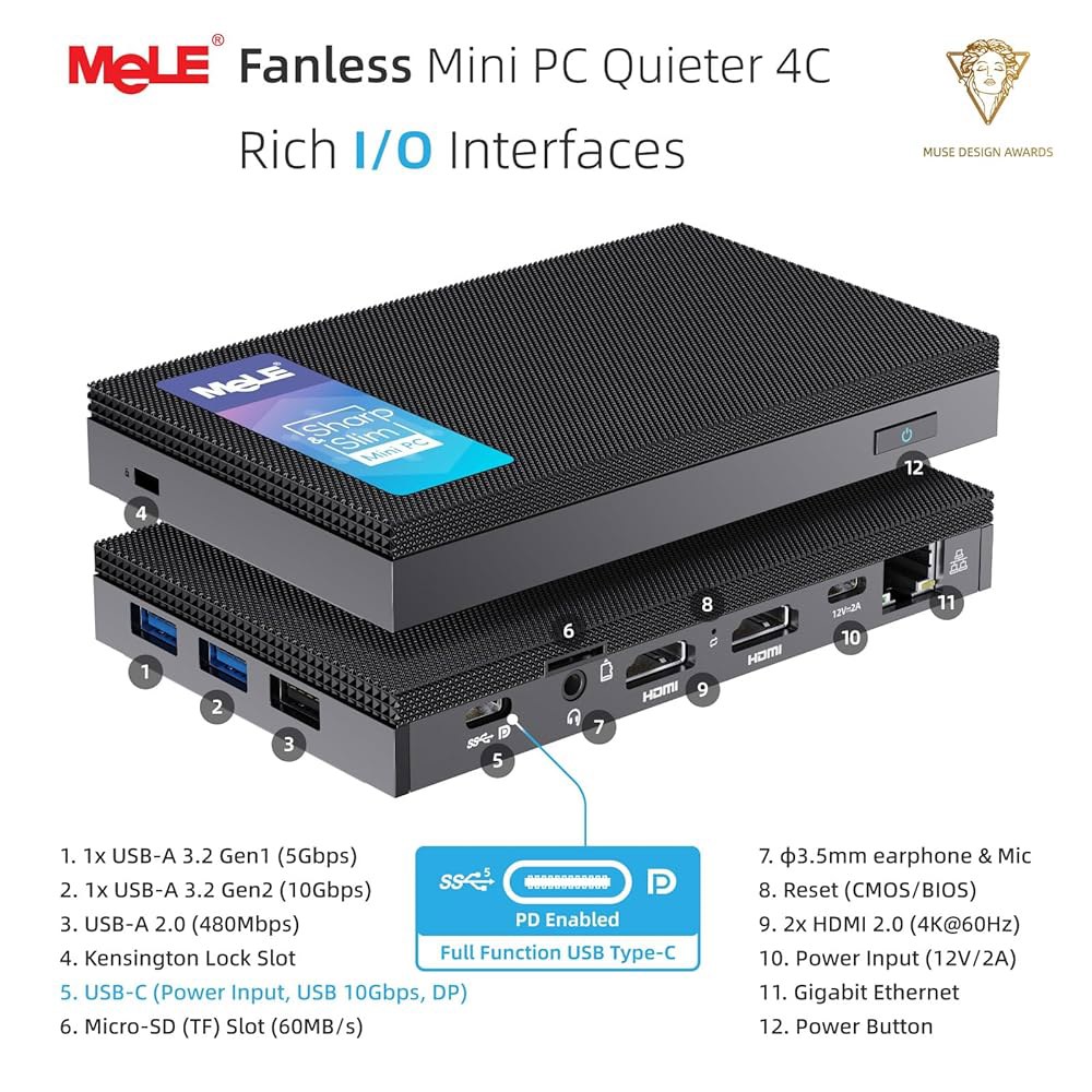 MeLE Quieter3C 팬리스 미니 PC, 셀러론 전체 스토리지, 128GB 스크린 N5105, 데스크톱 사무실의 슬림 지원, 8GB 산업, 5, 디스플레이 USB-C, 가정, - 상세 이미지 2