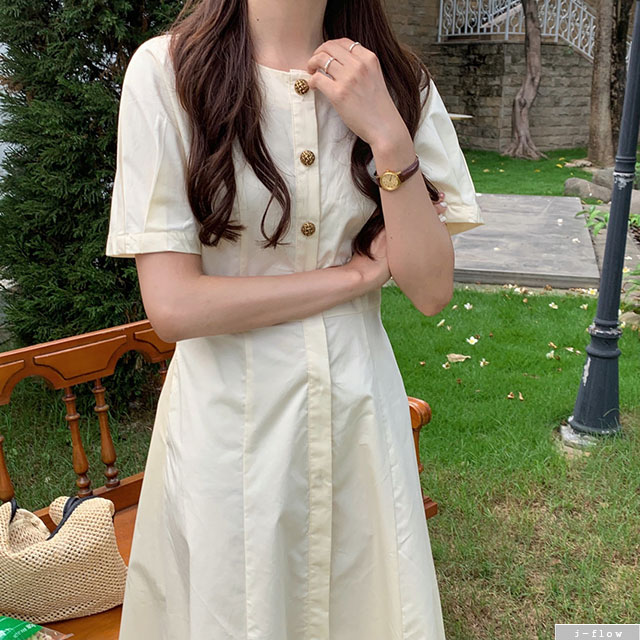 머렌 앤티크 버튼 슬림 코튼 롱원피스 2color 여름 가오리 A라인 라운드넥 제이플로우 - 상세 이미지 2