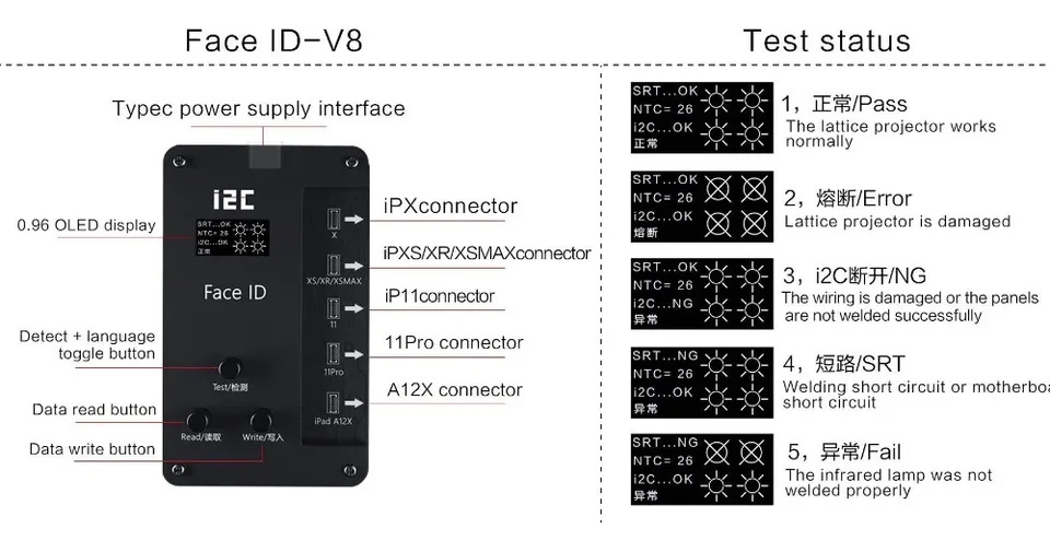 I2C ID -V8 교체 도트 매트릭스 케이블 폰 12 11 프로 맥스 XS X프로그래머 페이스 수리 도구