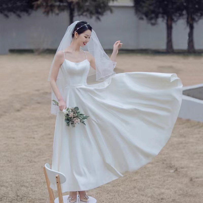 신부 드레스 셀프 웨딩 결혼식 촬영 2부 새틴 연회장 심플 들러리 브라이덜 가운 - 상세 이미지 2