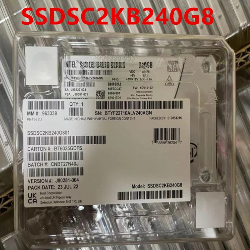 SSD D3-S4510 240GB 2.5 인치 SATA SSDSC2KB240G801 SSDSC2KB240G8 솔리드 스테이트 드라이브 신