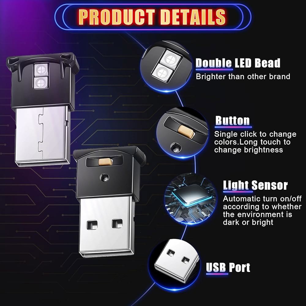 Frienda 6피스 미니 USB LED 조명, 자동차 램프, 8가지 키보드 내부 분위기 색상 장식 조명 사무실 야간 스마트 5v 밝기 가능, 노트북 조절 Type A 2 - 상세 이미지 3