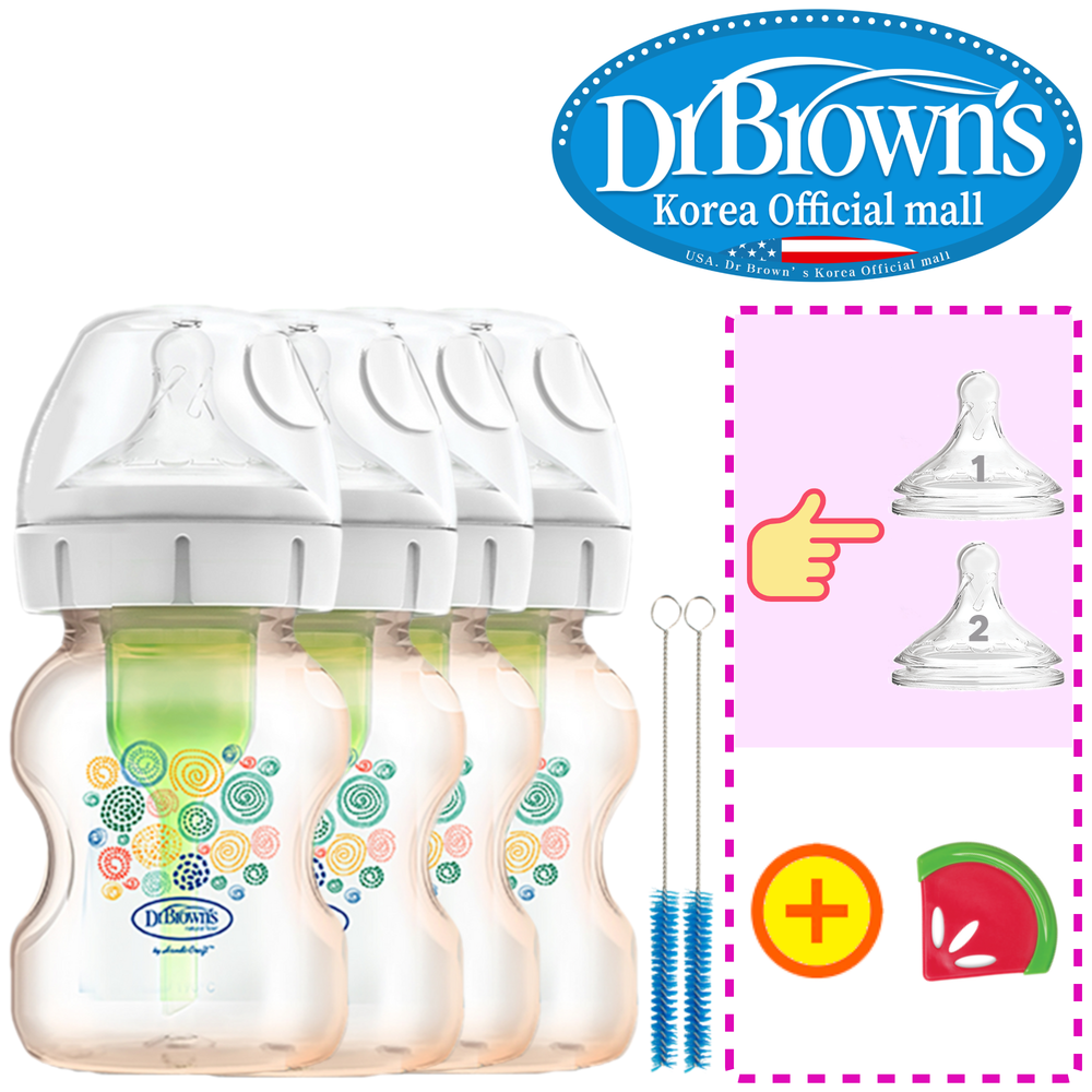 닥터브라운 오피셜 / PPSU 젖병 와이드넥 150ml 4개,꼭지 선택 / 치발기 옵션선물