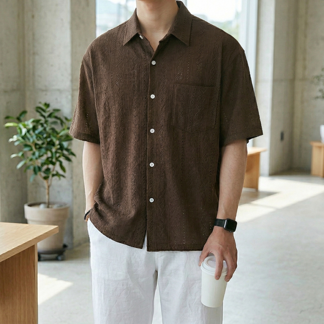남자 크로셰 펀칭 하와이안 시원한 여름 반팔 셔츠 - 상세 이미지 4