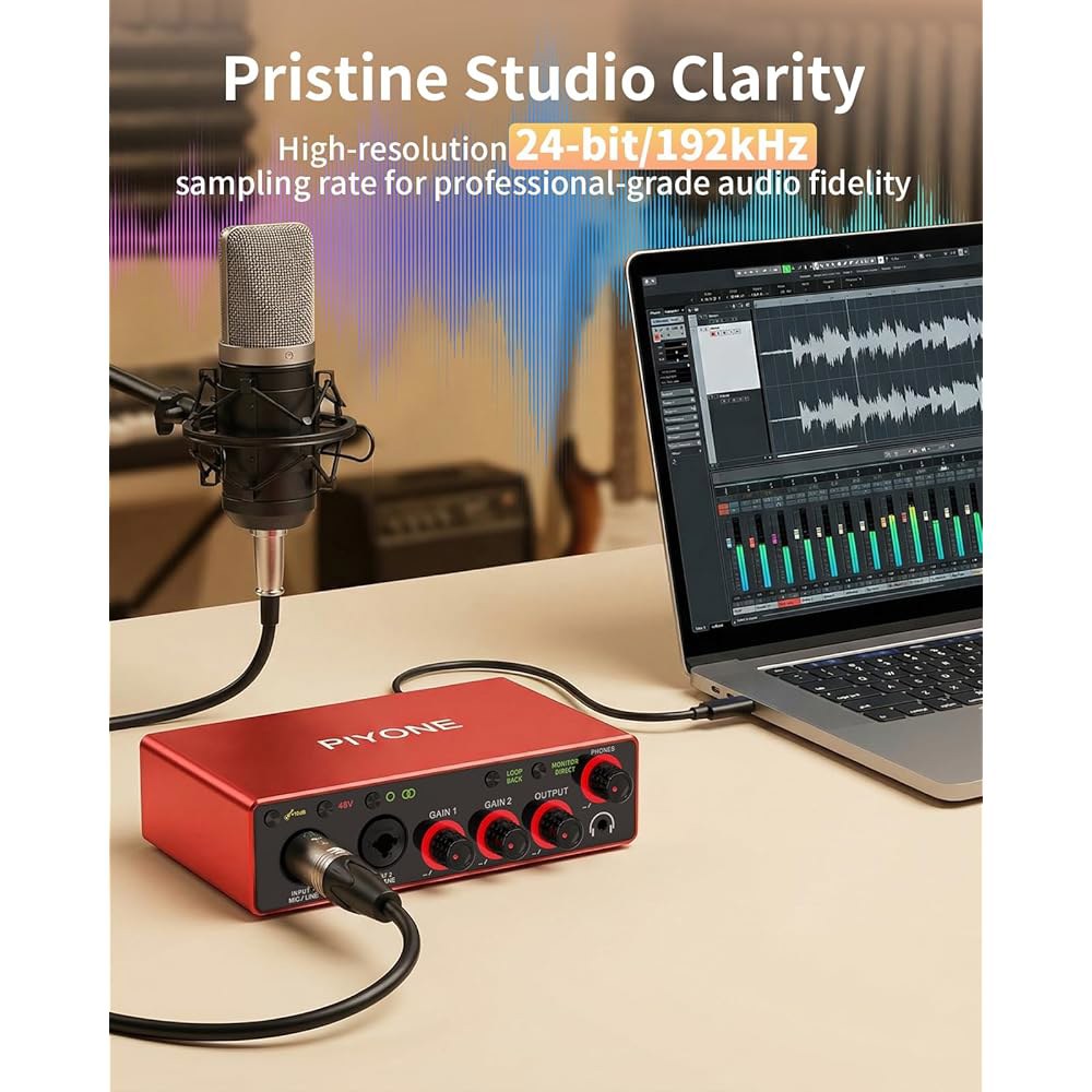 PIYONE 오디오 인터페이스, 고충실도를 위한 2X2 24비트 /192kHz 스튜디오 품질 PC / Mac iOS 녹음, XLR TRS 콤보 입력, 모니터 믹스 루프백 기능, - 상세 이미지 2