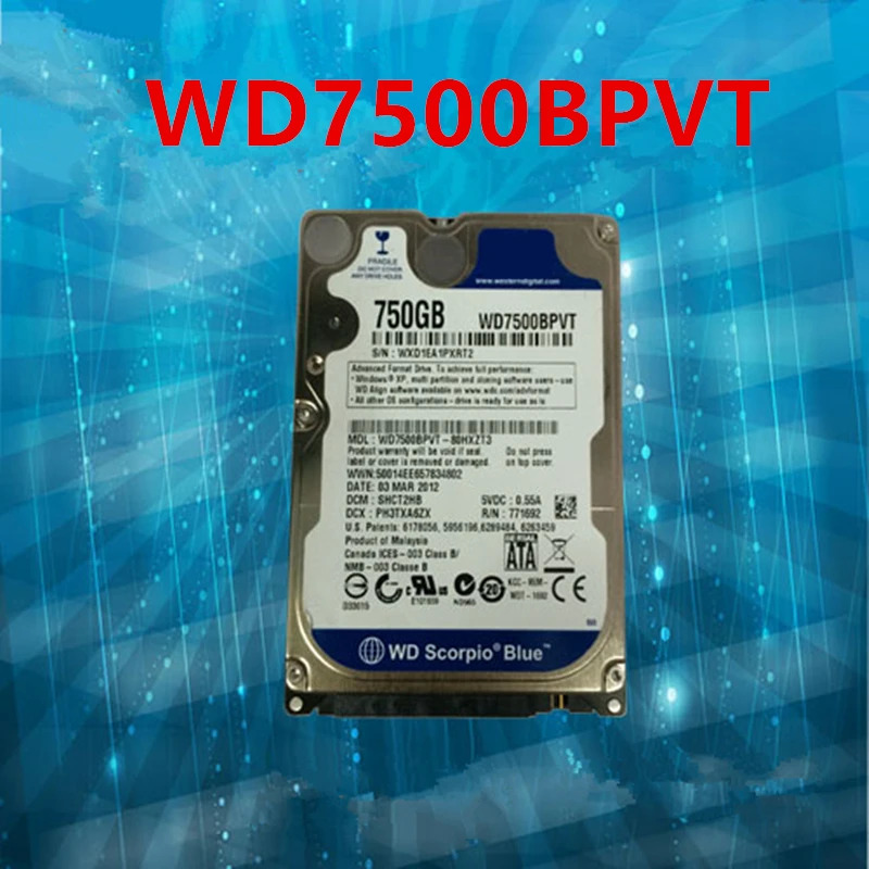 노트북내장 하드 오리지널 HDD WD 750GB 2.5 인치 SATA 3 Gb/s 8MB 5400RPM 9.5mm WD7500BPVT