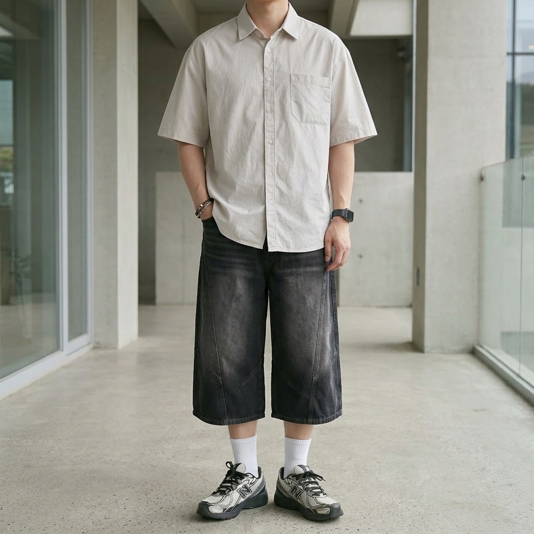남자버뮤다팬츠 절개 라인 7부 데님 버뮤다 반바지 - 상세 이미지 5