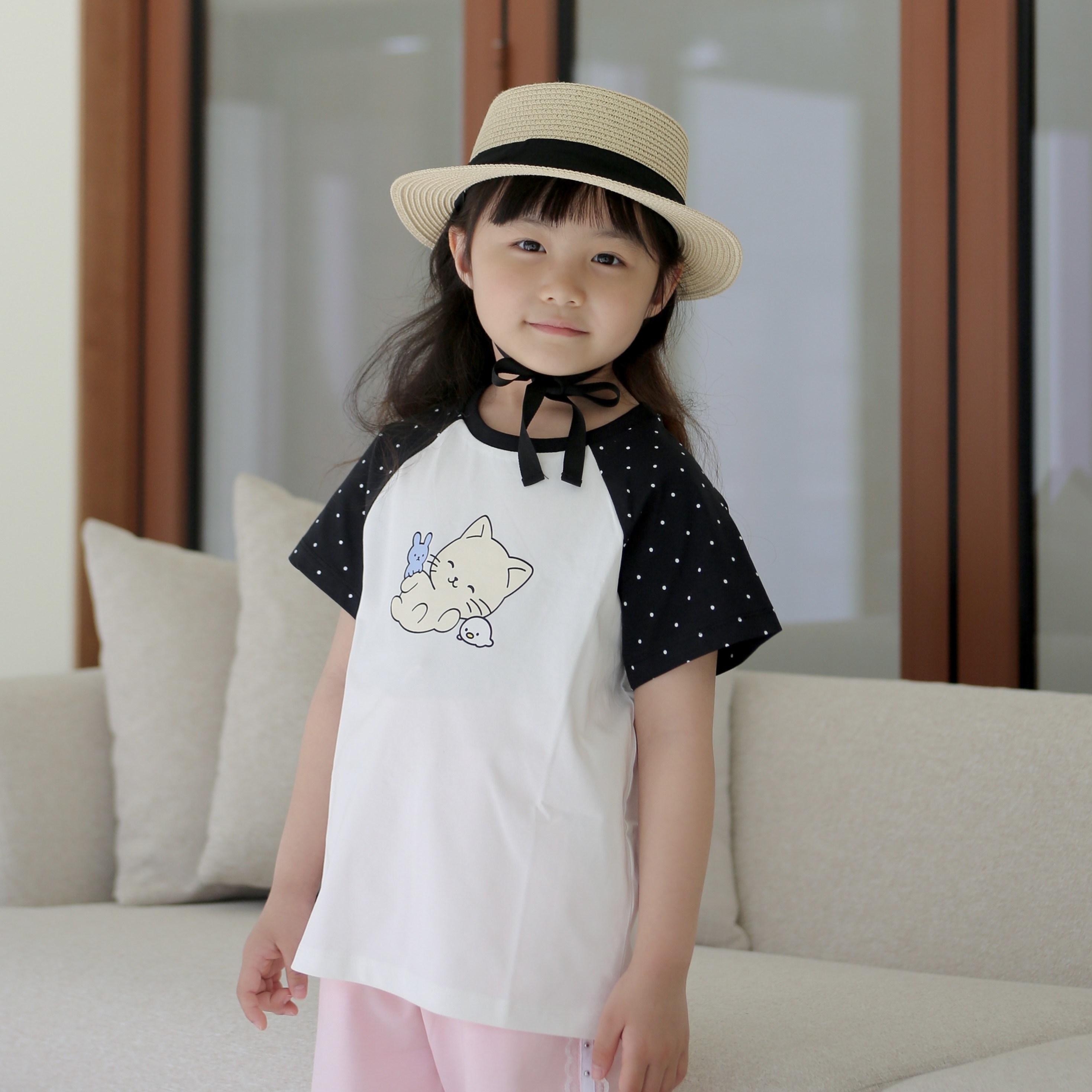 [N배송] 로엠걸즈 도트 라글란 고양이 반팔 티셔츠 RGRA2633C - 상세 이미지 2