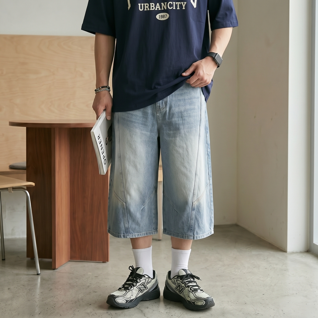 남자버뮤다팬츠 절개 라인 7부 데님 버뮤다 반바지 - 상세 이미지 3