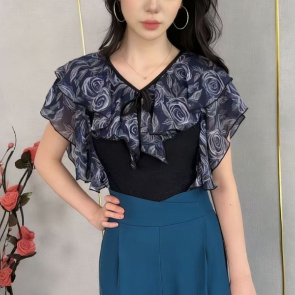 라인댄스상의 하늘하늘 프릴 반팔 상의 여름 댄스복 쉬폰 블라우스티 라틴 왈츠 탱고 자이브 - 상세 이미지 2
