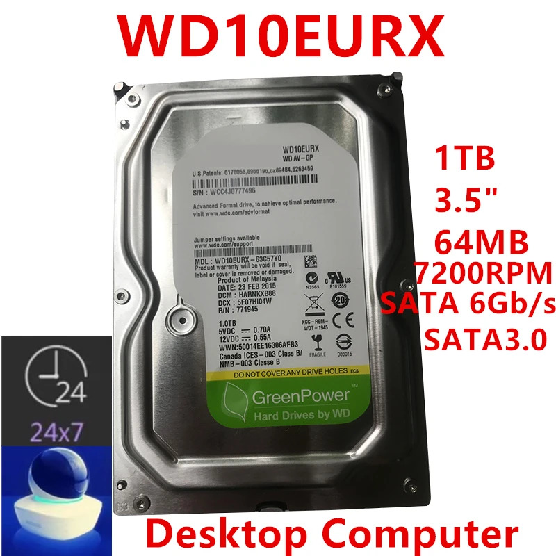 WD 그린오리지널 HDD WD10EURX 내부 그린 1TB 3.5 인치 SATA 64MB 7200RPM 신
