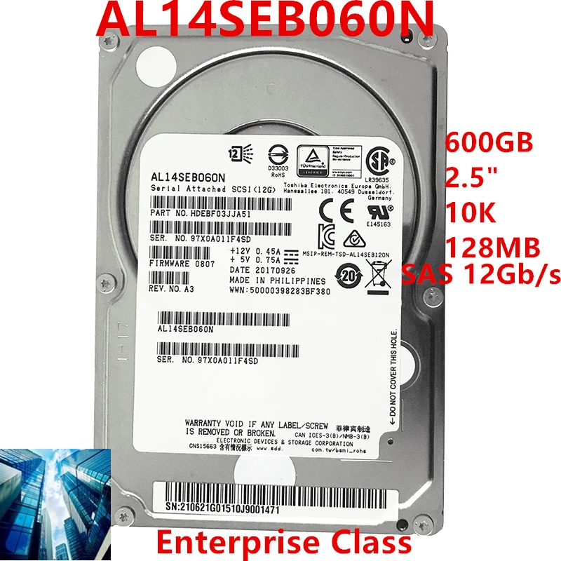 도시바호환 SAS오리지널 HDD 엔터프라이즈 AL14SEB060N 내부 600GB 2.5 인치 12 Gb/s 128MB 10000RPM 신