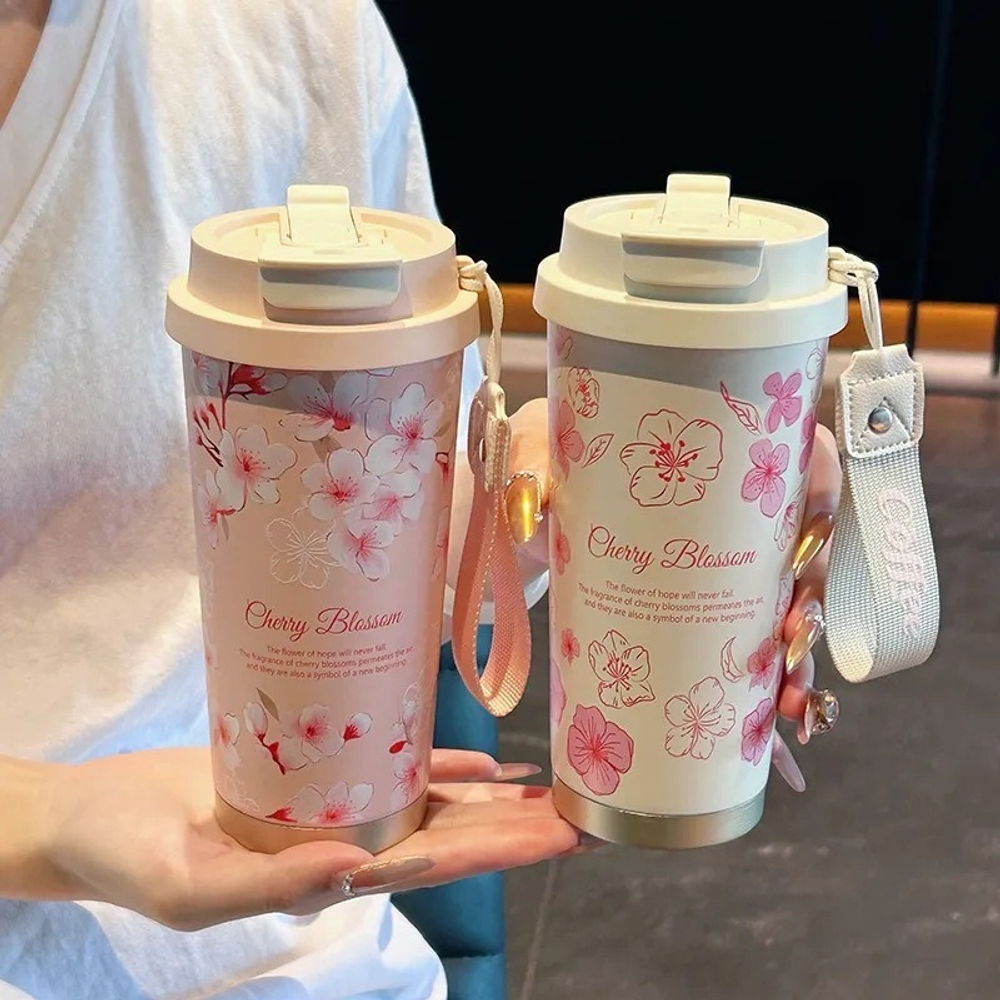 316 스테인리스 텀블러 플라워 꽃 보온 보냉 차량용 커피컵 빨대 핸들 휴대용 500ml 여름 정원 협죽도 600ml - 상세 이미지 2