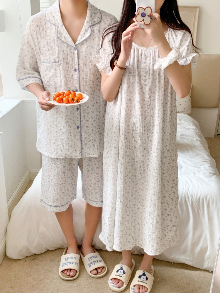 요루면 커플잠옷 반팔 반바지 잔꽃 빅사이즈 임산부 파자마 홈웨어 여름 - 상세 이미지 4