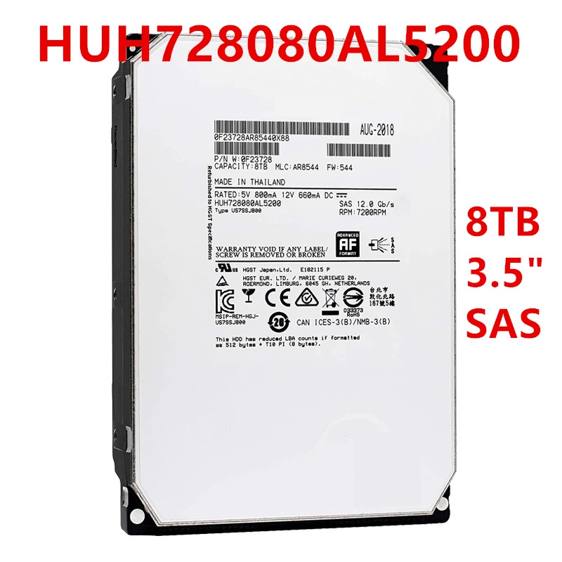 Hgst 엔터프라이즈 내부 HDD오리지널 HDD HUH728080AL5200 8TB 3.5 인치 SAS 12 Gb/s 128MB 7200RPM 신