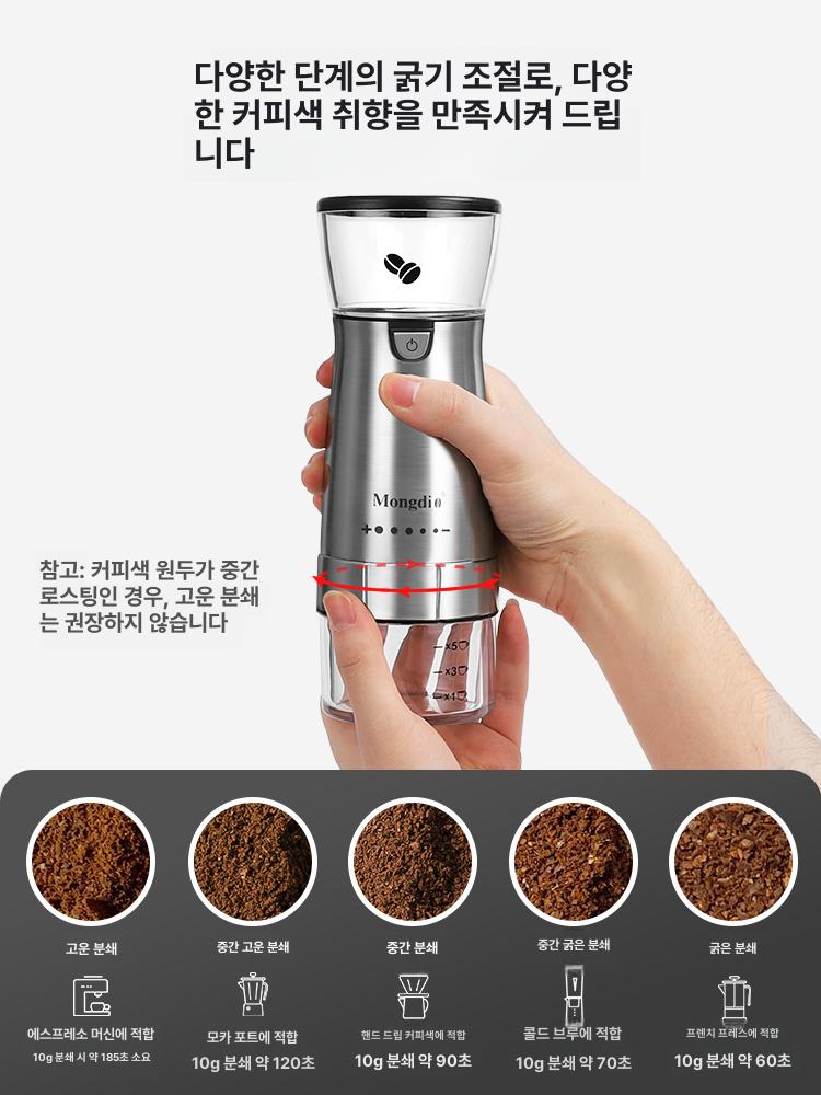 커피 전동 그라인더 여행 핸드드립 에스프레소 야외 곡물 충전식 전기 기술 실버 (세라믹 연삭 코어) - 상세 이미지 2