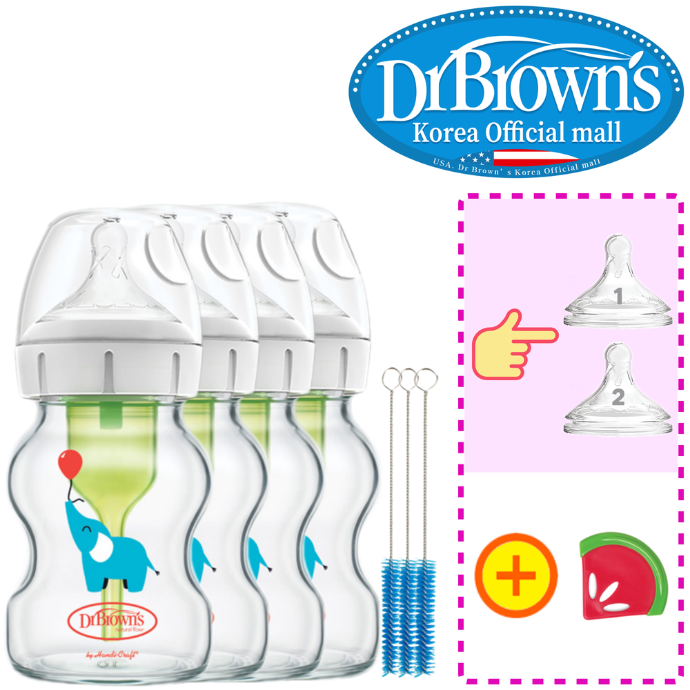 닥터브라운 오피셜 / 유리 데코 젖병 와이드넥 150ml 4개, 꼭지교체 / 치발기옵션선물