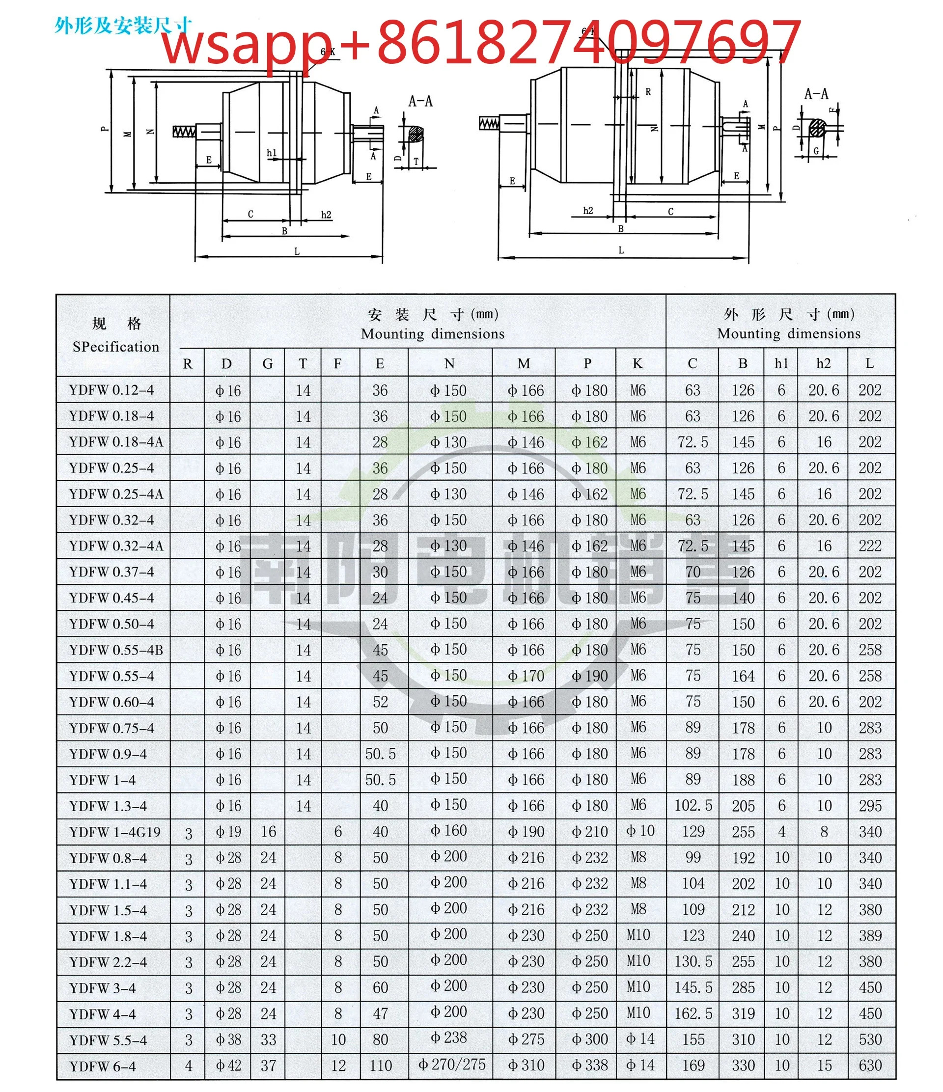외부 로터 저소음 3상비동기 모터 YDFW550-4 250 320 370 450 550 750W