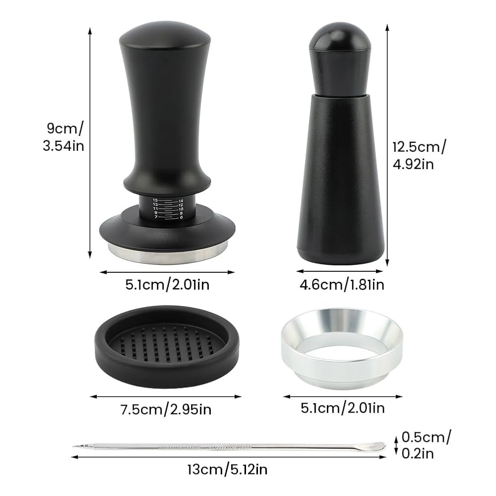 커피 탬퍼 51mm, 베이스 교반기 스프링이 장착된 에스프레소 액세서리 키트 머신용 핸드 세트(블랙 / 5Pcs) Black/5Pcs - 상세 이미지 2