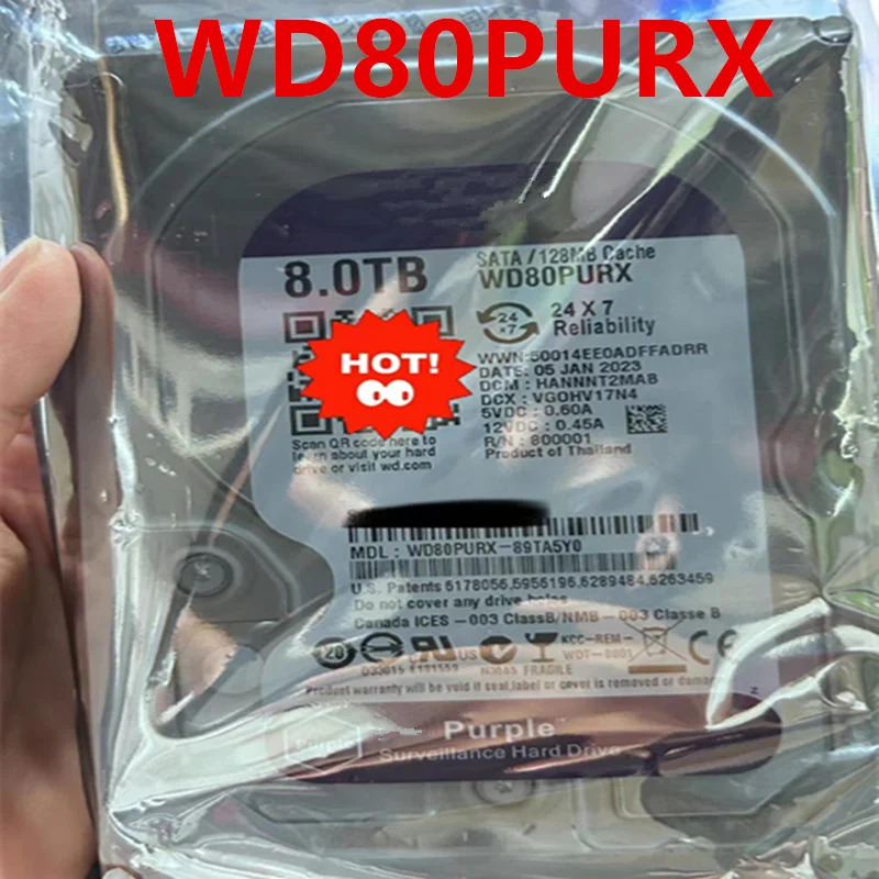 WD Puerple 8TB 새 원본 HDD WD80PURX 감시 내장 하드 3.5 SATA 6 Gb/s 256MB 7200RPM