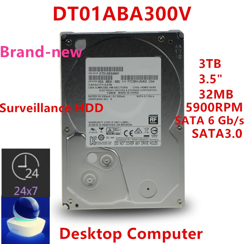 도시바호환오리지널 HDD NVR DVR 감시 DT01ABA300V 내부 3TB 3.5 인치 SATA 6 Gb/s 32MB 5900RPM 신