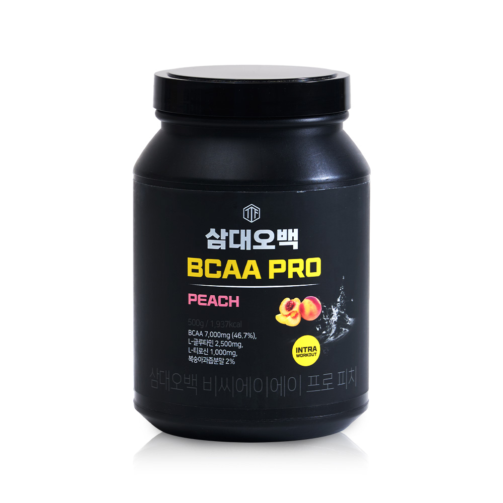 복숭아 과일 이미지와 핑크색 PEACH 텍스트가 있는 복숭아 맛 BCAA PRO 제품 정면