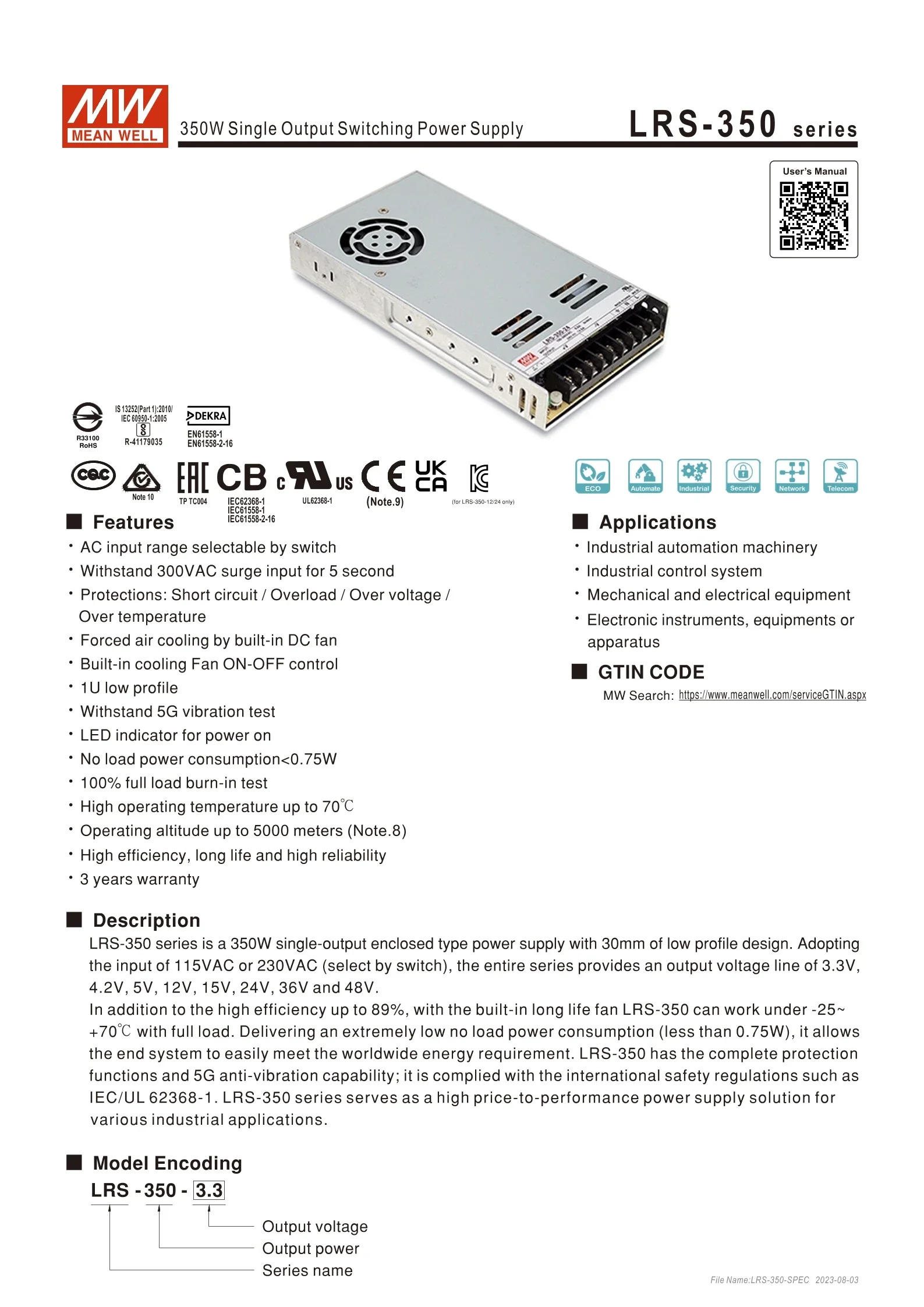 meanwellLRS-350 LRS-350-5 LRS-350-12 LRS-350-15 LRS-350-24 LRS-350-36 LRS-350-48 MEANWELL LRS 350 3
