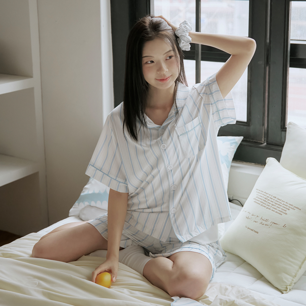 베베데코 히말라야 냉감 여름 잠옷 반팔 홈웨어 파자마 세트 무드 스트라이프 이미지 2
