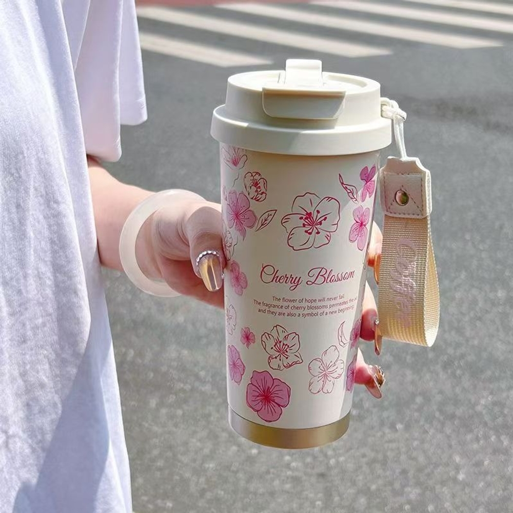316 스테인리스 텀블러 플라워 꽃 보온 보냉 차량용 커피컵 빨대 핸들 휴대용 500ml 여름 정원 협죽도 600ml - 상세 이미지 4