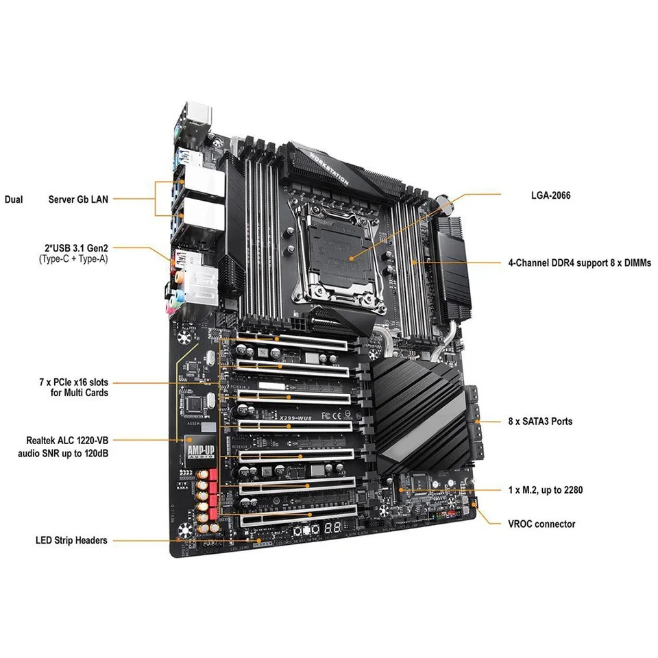 X299 X299-WU8 LGA2066 DDR4 256GB E- PCI-E X16 3.0 워크스테이션 마더보드