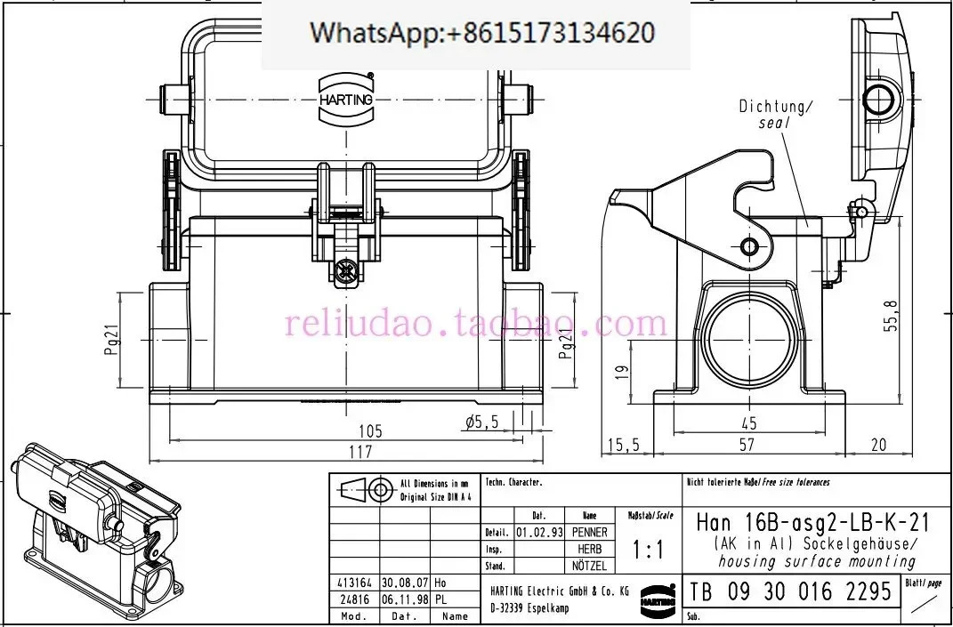 HARTING 하이베이스 HAN-16B-asg2-LB-K-21 커넥터 오리지널 09300162295