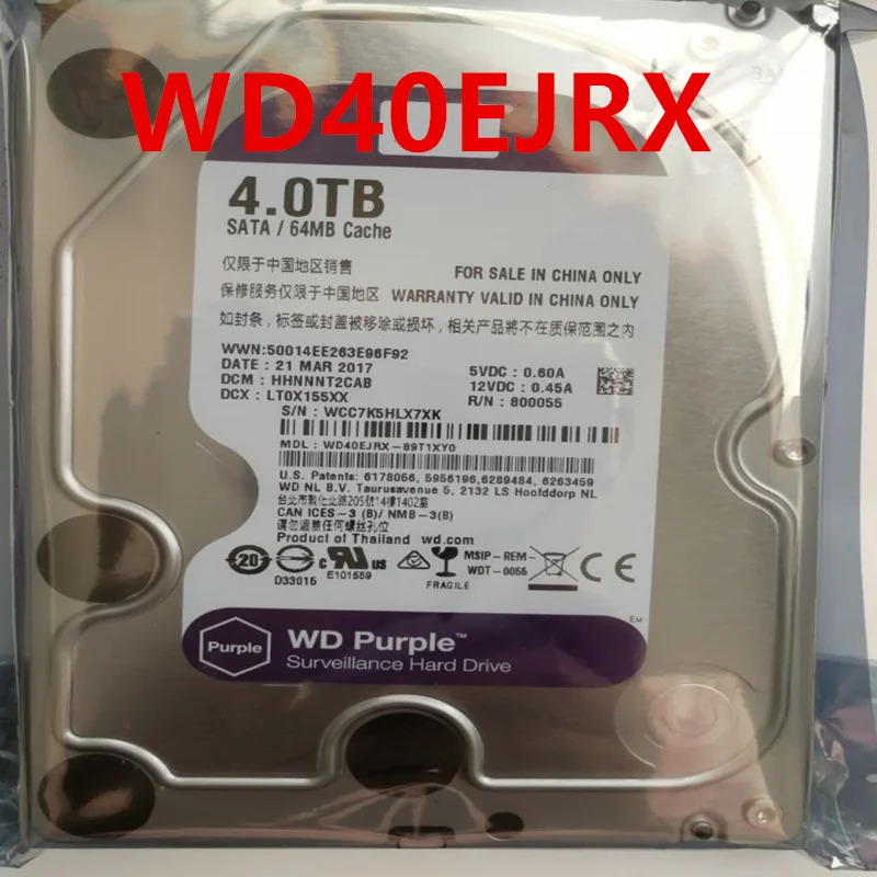 감시 하드 드라이브 WD40EJRXWD Purple 4TB 3.5 SATA 6 Gb/s 64MB 5400RPM새 원본 HDD