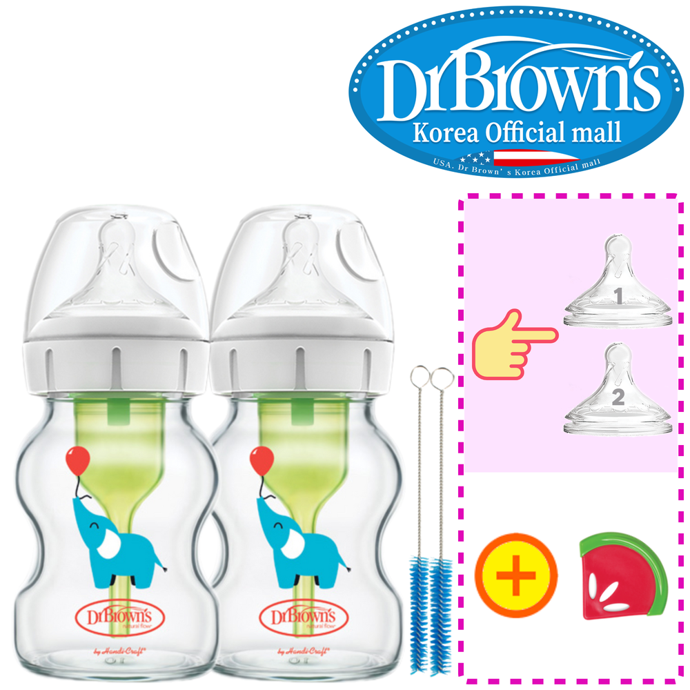 닥터브라운 오피셜 / 유리 데코 젖병 와이드넥 150ml 2개, 꼭지선택 / 치발기옵션선물 상품 이미지