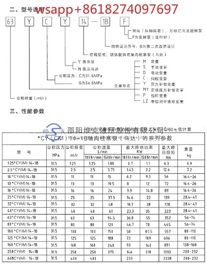 Vic 유압 축 피스톤 펌프 자동 가변25 40 63 80 160 250YCY14-1B